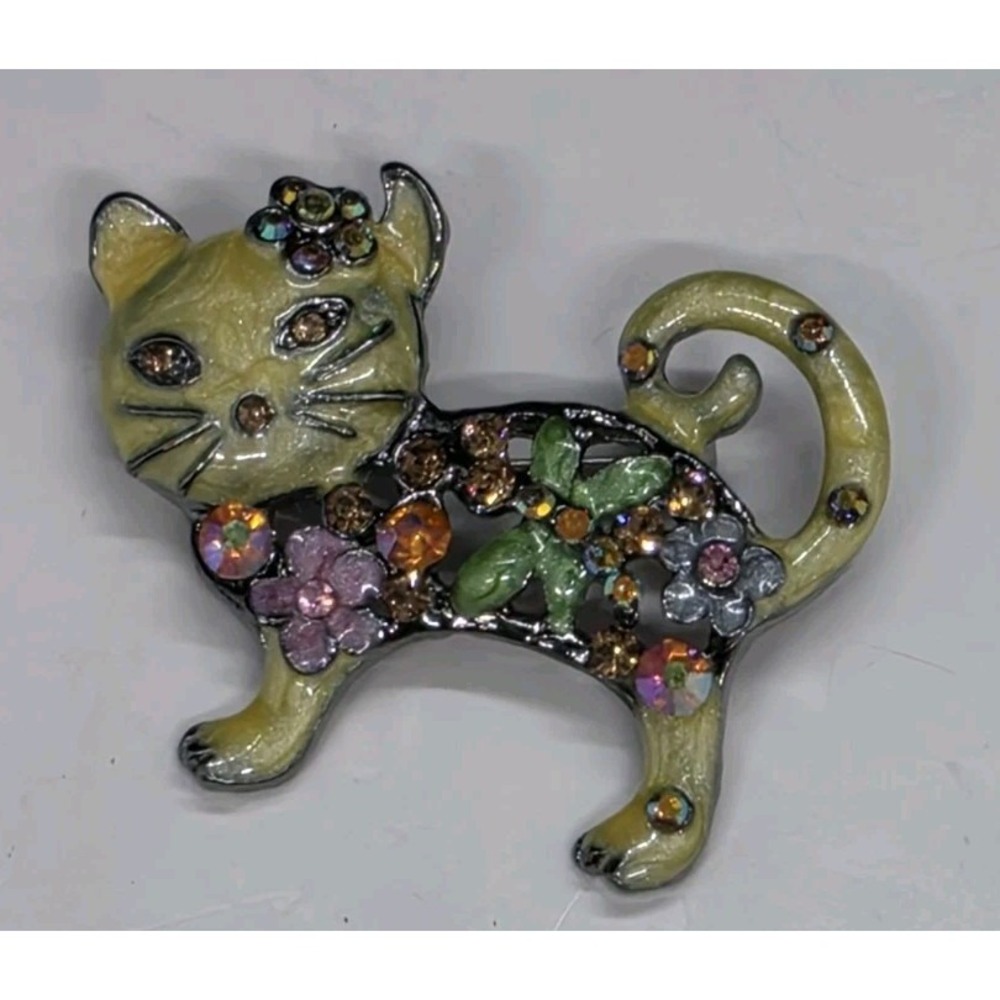 Multicolor Rhinestone Enamel Cat Kitten Brooch Pin Floral Sparkle